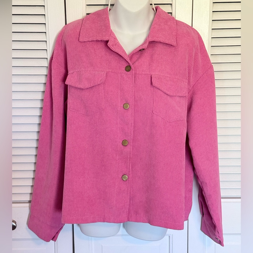 Pink Corduroy Snap-Up Shacket